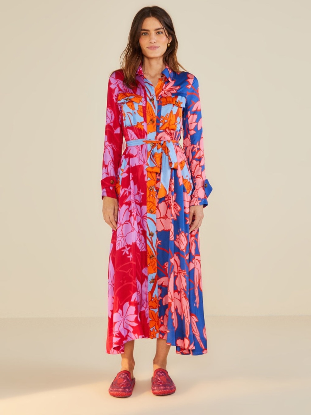 FARM Rio Floral Print Tie Waist Long Sleeve Midi Dress Size XS NWT Floral